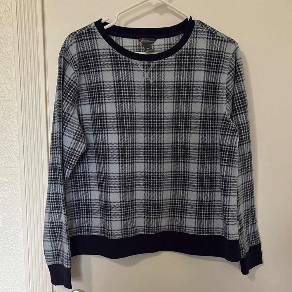 Eddie Bauer Women’s Dark and Light Blue Checkered Crewneck Fleece Sweatshirt.